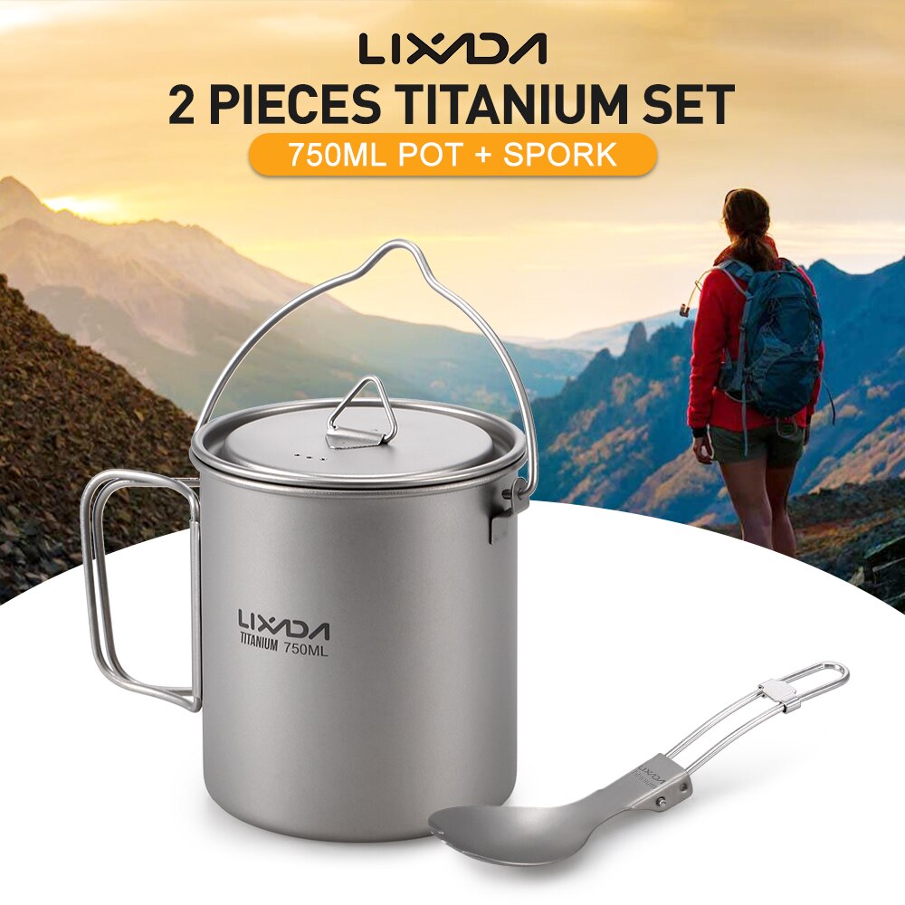 Lixada Ultralight 750Ml Titanium Cup Kookgerei Outdoor Camping Draagbare Water Cup Mok Servies Koken Pot Met Vouwen Spork