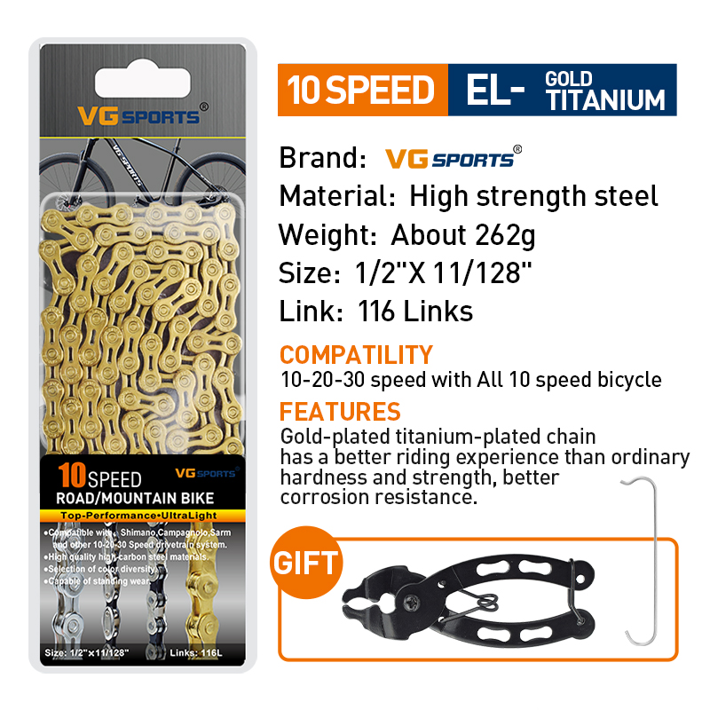 VG Sports Bicycle Chain 6 7 8 9 10 11 Speed 8s 9s 10s 11s Velocidade Titanium Rainbow Gold MTB Mountain Road Bike Chains Parts: black