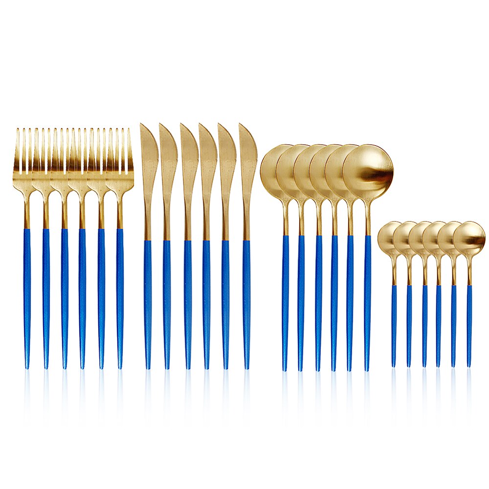 24pcs Gold Dinnerware Set Stainless Steel Tableware Set Knife Fork Spoon Silverware Set Safe Cutlery Set kitchen accessories: blue without box