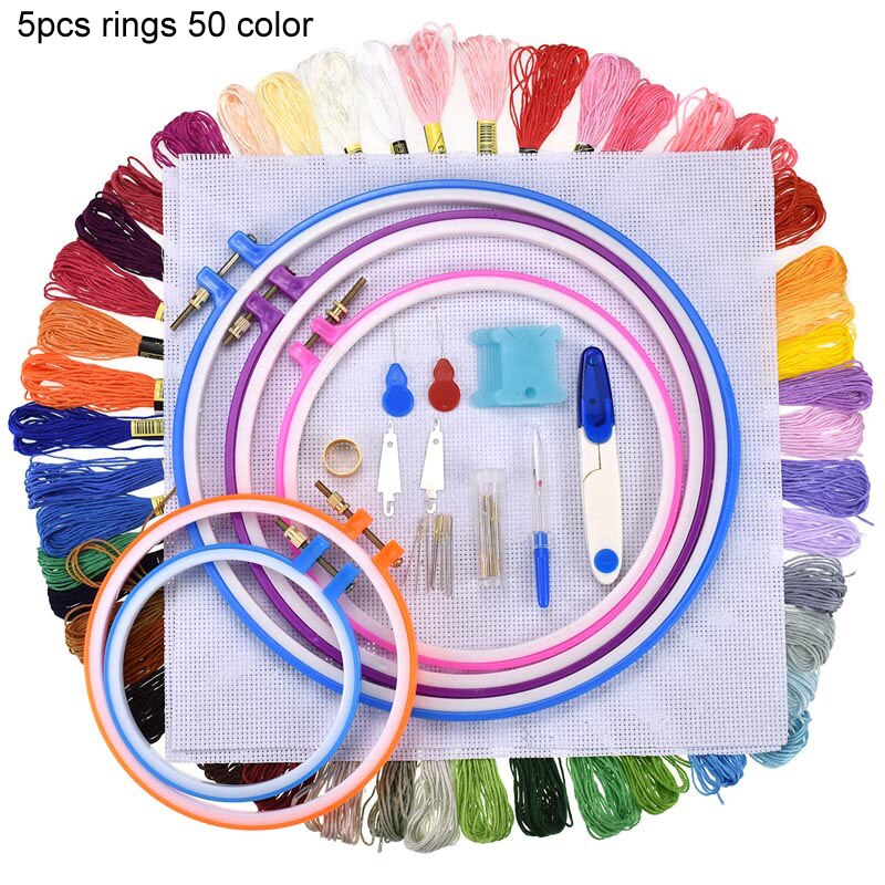Embroidery Circles Set Embroidery Thread 50 100 Colors Sewing Tool Adjustable Skein Punch Needle Stitching: 5pcs rings 50 color 