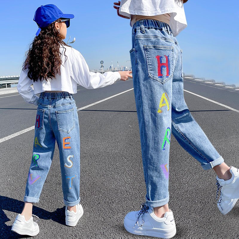 Pantalones vaqueros con estampado de letras para niña joven, pantalón de tubo informal a la , color azul, para escuela, 6, 8, 10, 12 y 14 años, para primavera y otoño