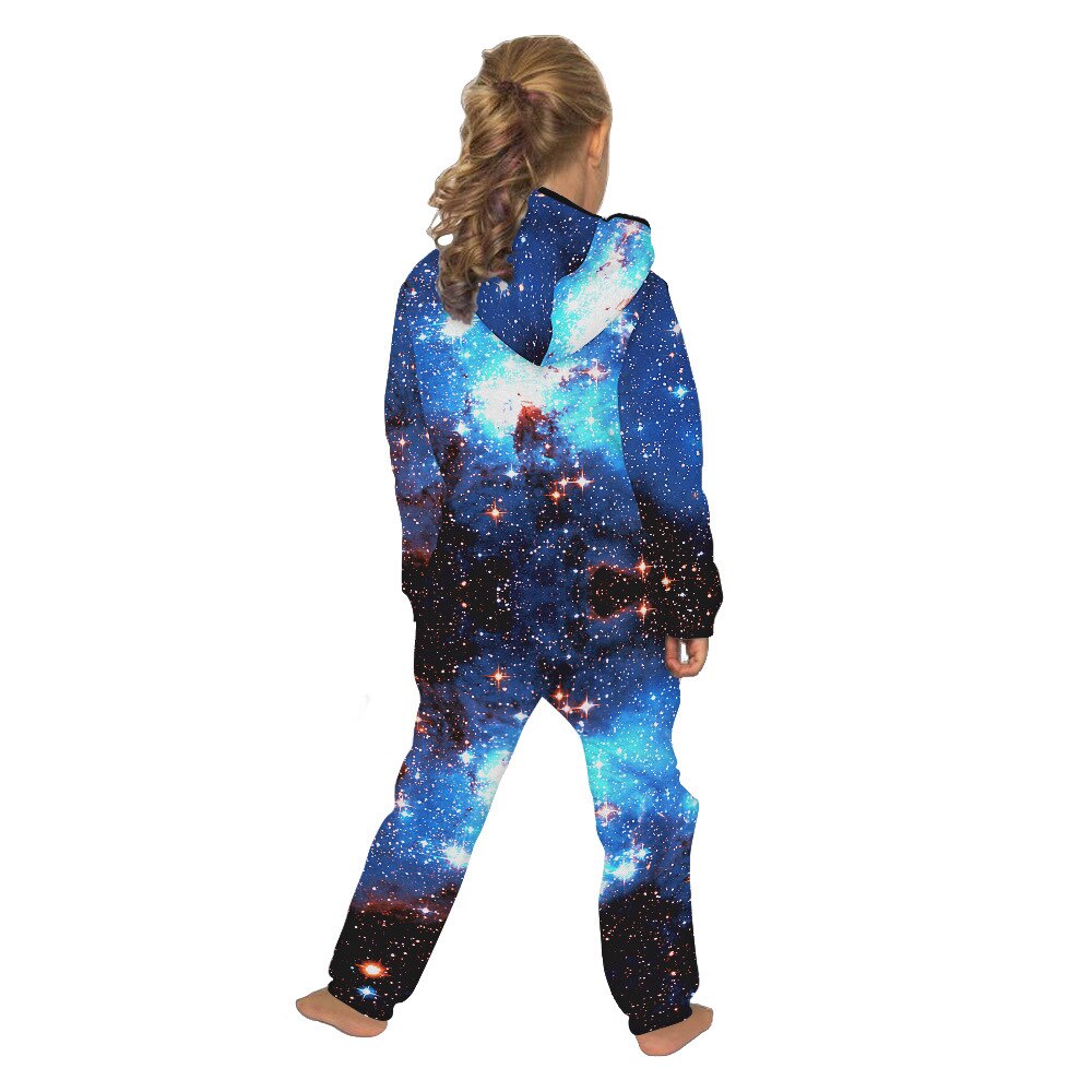 Starry Sky Child Wear Zipper Hooded Sweatpants Loose Fleece Jumpsuit