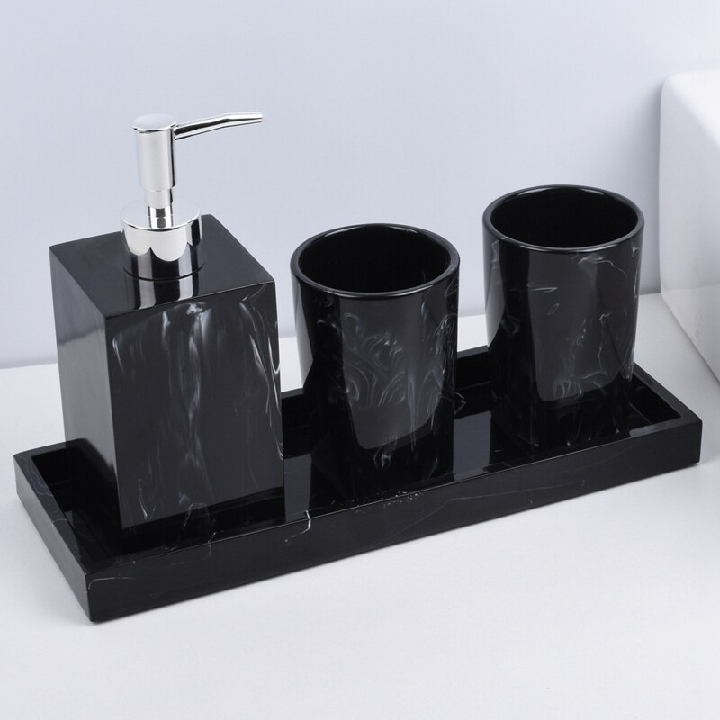 Lber marmor tekstur badeværelse leverer sort 4 stk harpiks badeværelse tilbehør med dispenser tandbørsteholder sæbedispenser