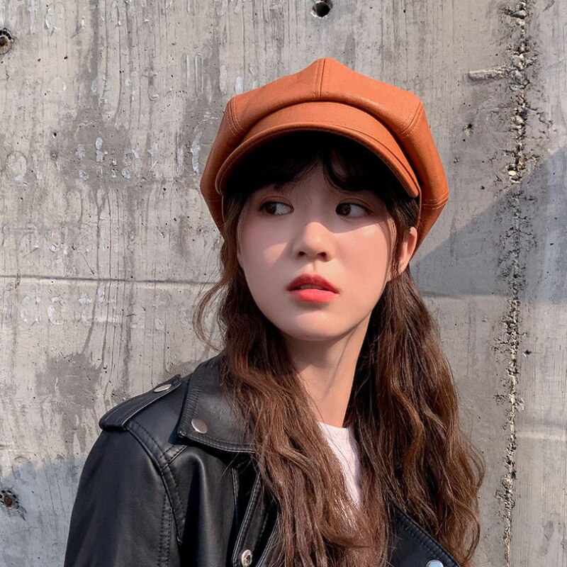 PU Leather Beret Hat Solid Female Autumn Winter Korean Student Wild Round British Style Octagonal Hats Pumpkin Cap