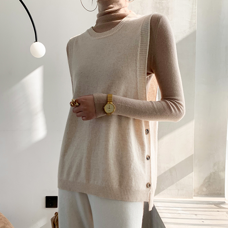 Lhzsyy - chaleco de cuello redondo para mujer, de lana pura, holgado, para exteriores, de punto, sin mangas, de cachemira, para primavera y otoño