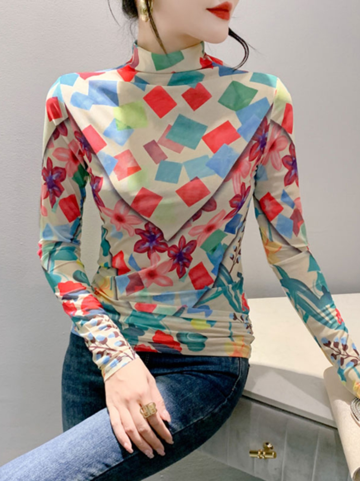 Size S-4XL Women's Long Sleeve Turtleneck Mesh T-shirt Women's Positioning Flower TShirts Female High Stretch Slim Top: M / Blue