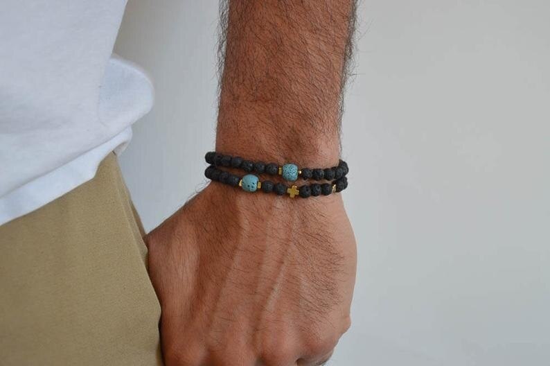 Heren Armband, Kralen Armband Mannen, Lava Kralen Armband, Zwarte Armband, Kruis Armband Mannen, mannen Sieraden