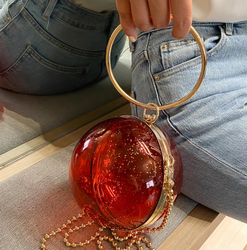 YYW Acrylic Round Ball Shoulder Bag For Women 2022 Crossbody Bags With Chain Transparent Evening Clutch PVC Handbags: red