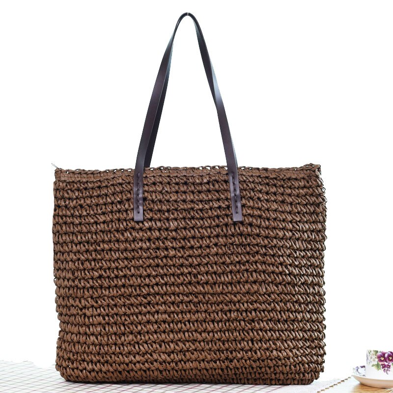 Bolsa de paja para playa para mujer, Vogue, viaje, vacaciones, vacaciones, ocio, tejida a mano, bolso de compras de gran capacidad, bolsos de hombro para mujer: BD853coffee