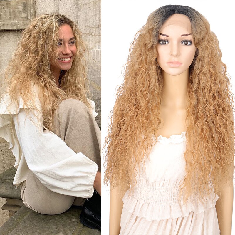 Dianqi Ombre Haarkant Blonde 29 Inch Lange Water Wave Kant Pruik Afro-amerikaanse Pruik Synthetische Pruiken Voor vrouwen