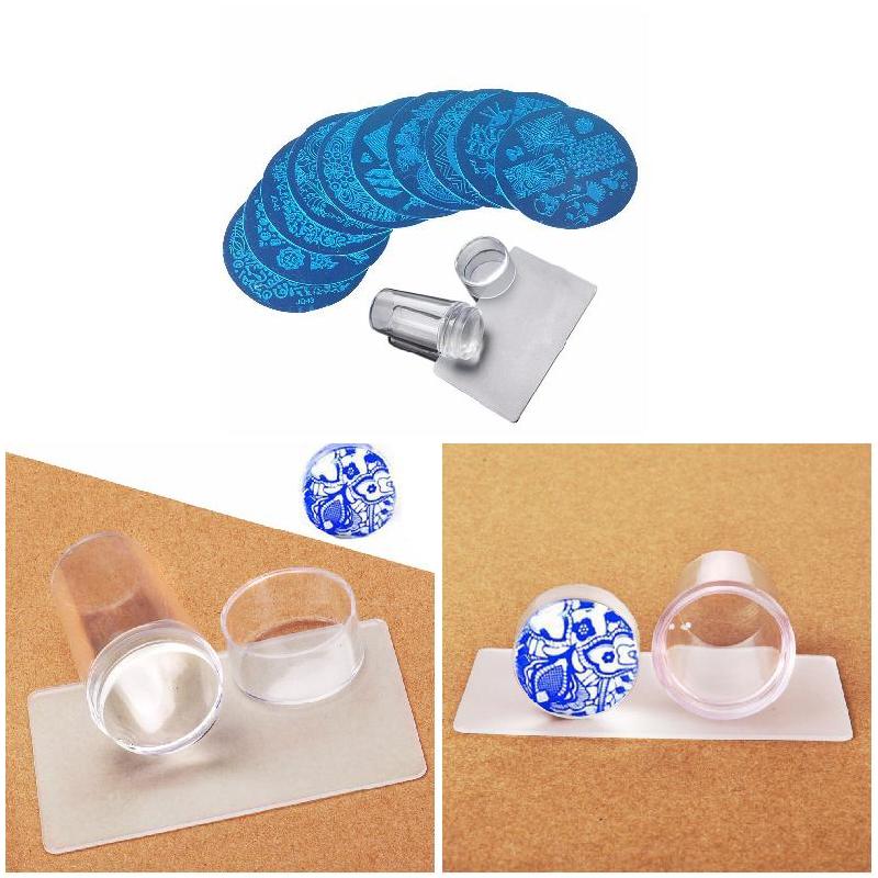 10 stk stempelplade + klar silikone stamper + skraber nail art billede stempel værktøj manicure skabelon smj