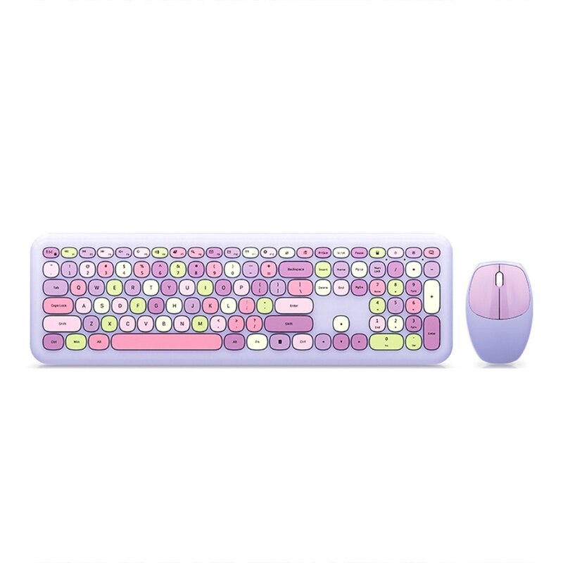 2.4G Wireless Multimedia Keyboard Built-in Intelligent Power Saving Mouse USB Full-Sized Cute 110 Keys Keyboard: Purple