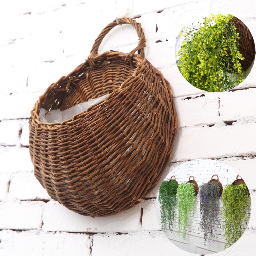 Cesta de mimbre hecha a mano, canasta colgante para plantas de jardín en material ratán para flores o plantas colgantes, ecológica y duradera