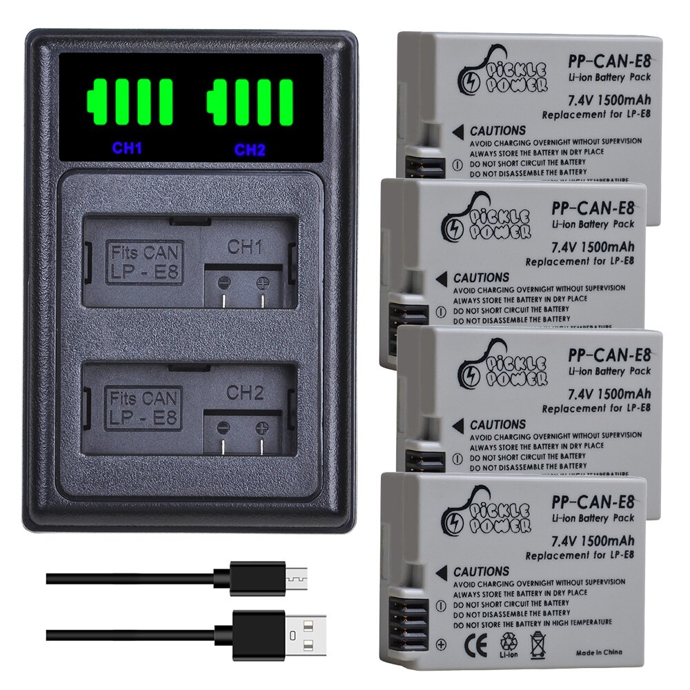 LP-E8 LPE8 LP E8 Batterie 1500mAh + LED Dual Ladegerät für Kanon EOS 550D 600D 650D 700D Kuss X4 x5 X6i X7i Rebell T2i T3i T4i T5i.: Ladegerät und 4Batterie