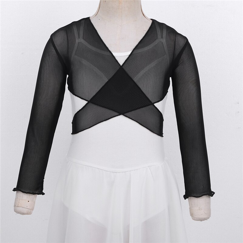 IIXPIN Kids Girls Ballet Clothes Dance Wear Wrap Classic Mesh Ballet Costume Long Sleeve Wrap Top with Adjustable Tie Closure