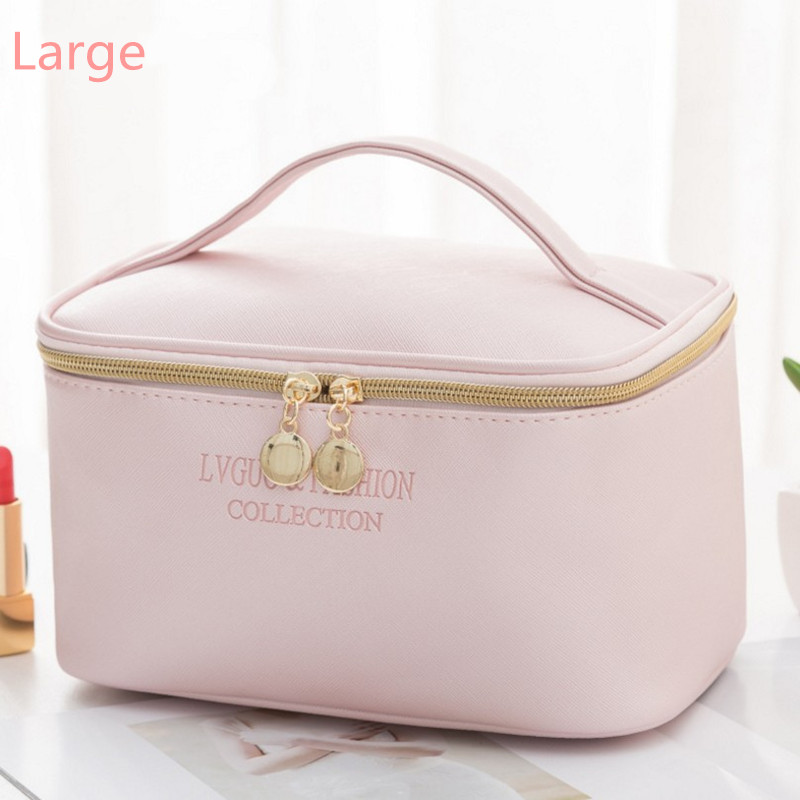 PURDORED 1 Pc Solide Rosa Kosmetik Tasche PU Leder Frauen machen-hoch Tasche Reise Wasserdichte Waschen Tasche machen-hoch Veranstalter Schönheit fallen: L Rosa