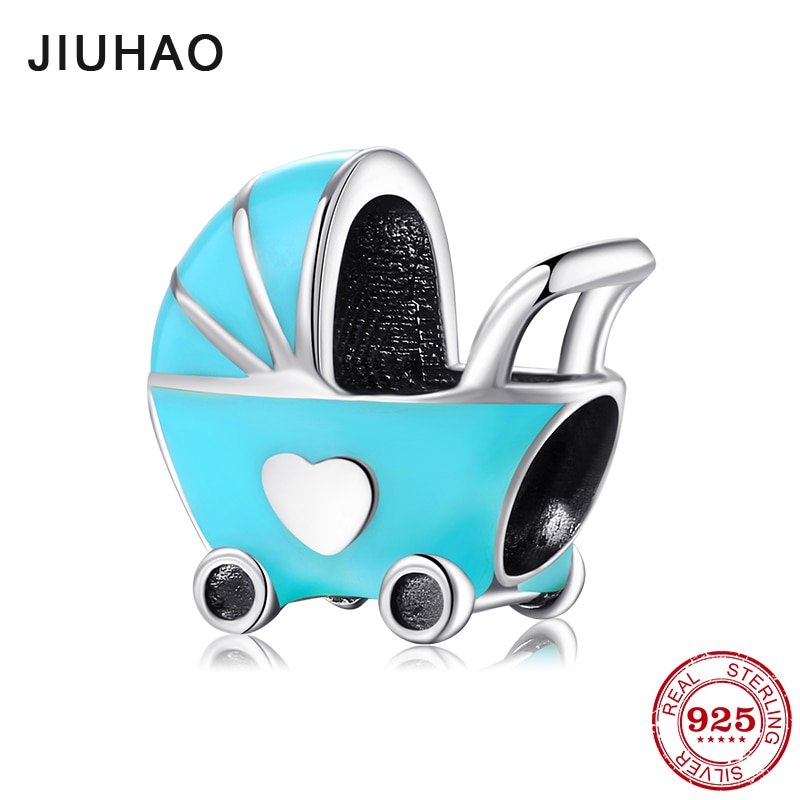 blue enamel Baby carriage 925 Sterling Silver fine Beads Fit Original JIUHAO Charm Bracelet Jewelry making