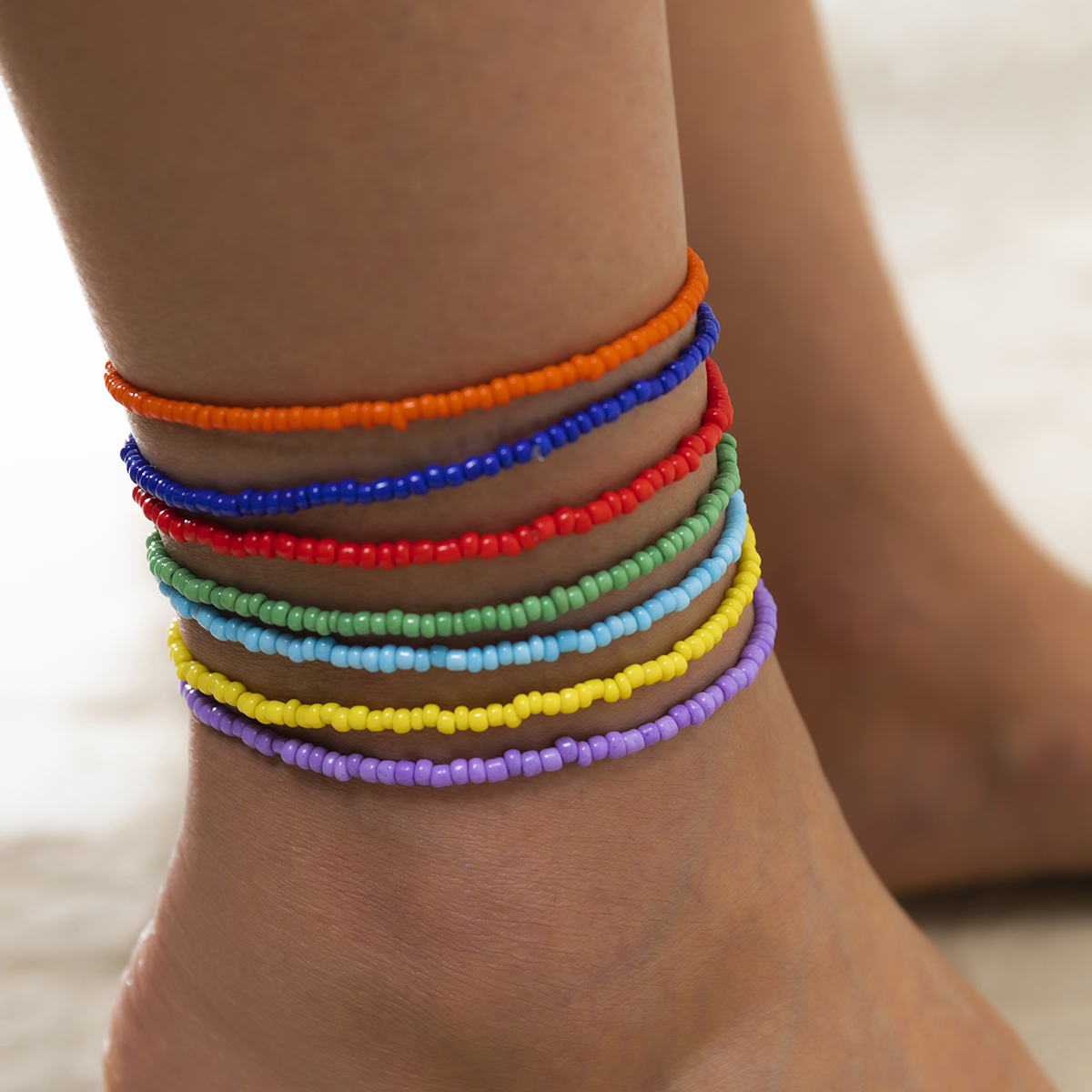 IngeSight.Z 7Pcs/Set Rainbow Beaded Anklet Bracelet for Women Adjustable Colorful Anklets Barefoot Sandals On Foot Ankle Jewelry