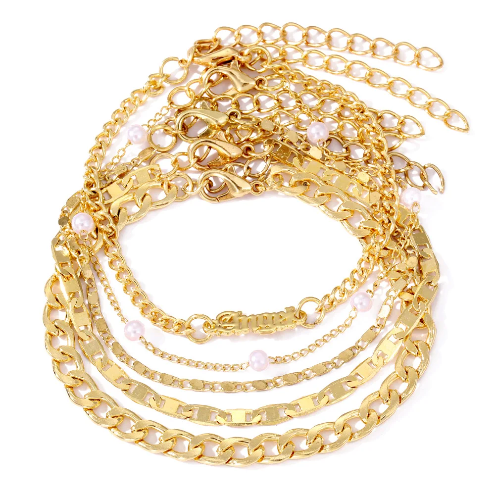 Boheemse Gouden Kleur Ketting Armband Set Voor Vrouwen Faux Parel Hoek Letter Charm Armband Vrouwelijke Mode Feest Sieraden