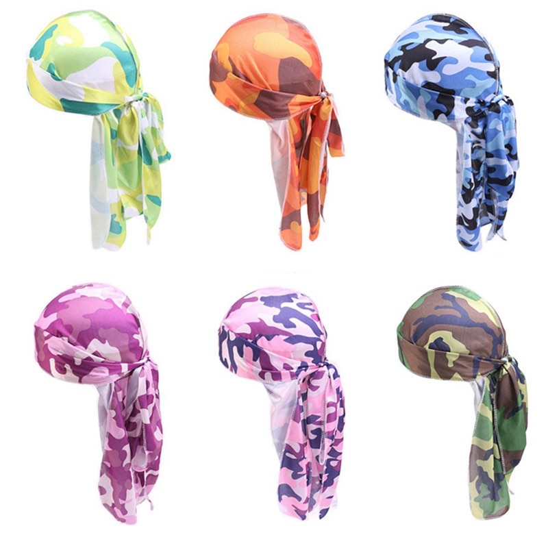 Camo Heren Zijdeachtige Durags Tulband Print Mannen Zijde Durag Hoofddeksels Bandans Hoofdband Haar Accessoires Piraat Hoed Golven Rags