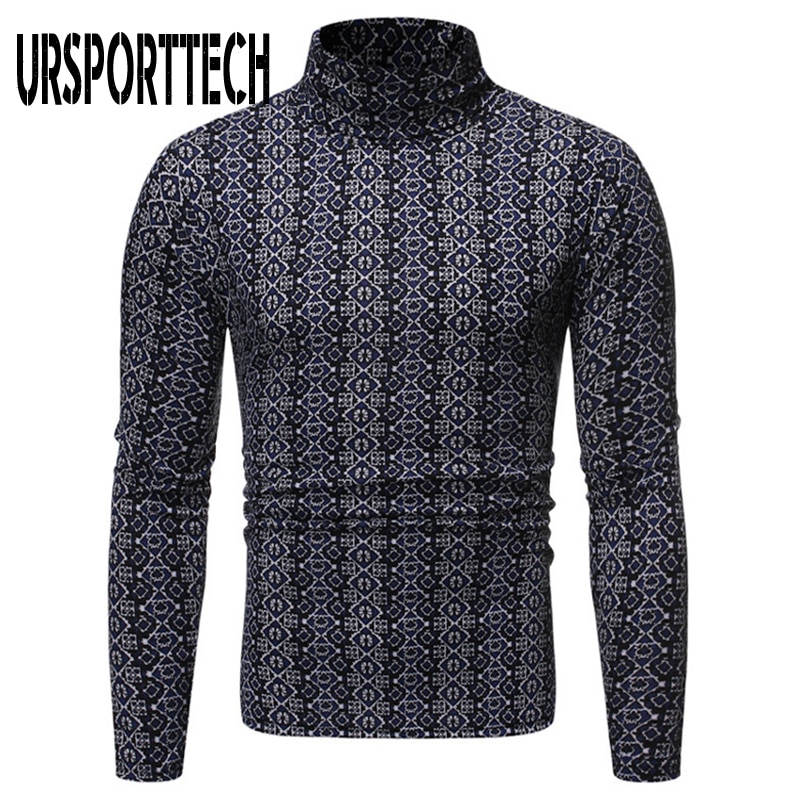 Autumn Winter Men's Clothing Basic Turtleneck Tshirt Slim Male Casual 3D Printed Long-sleeve T-shirt Men Underwear