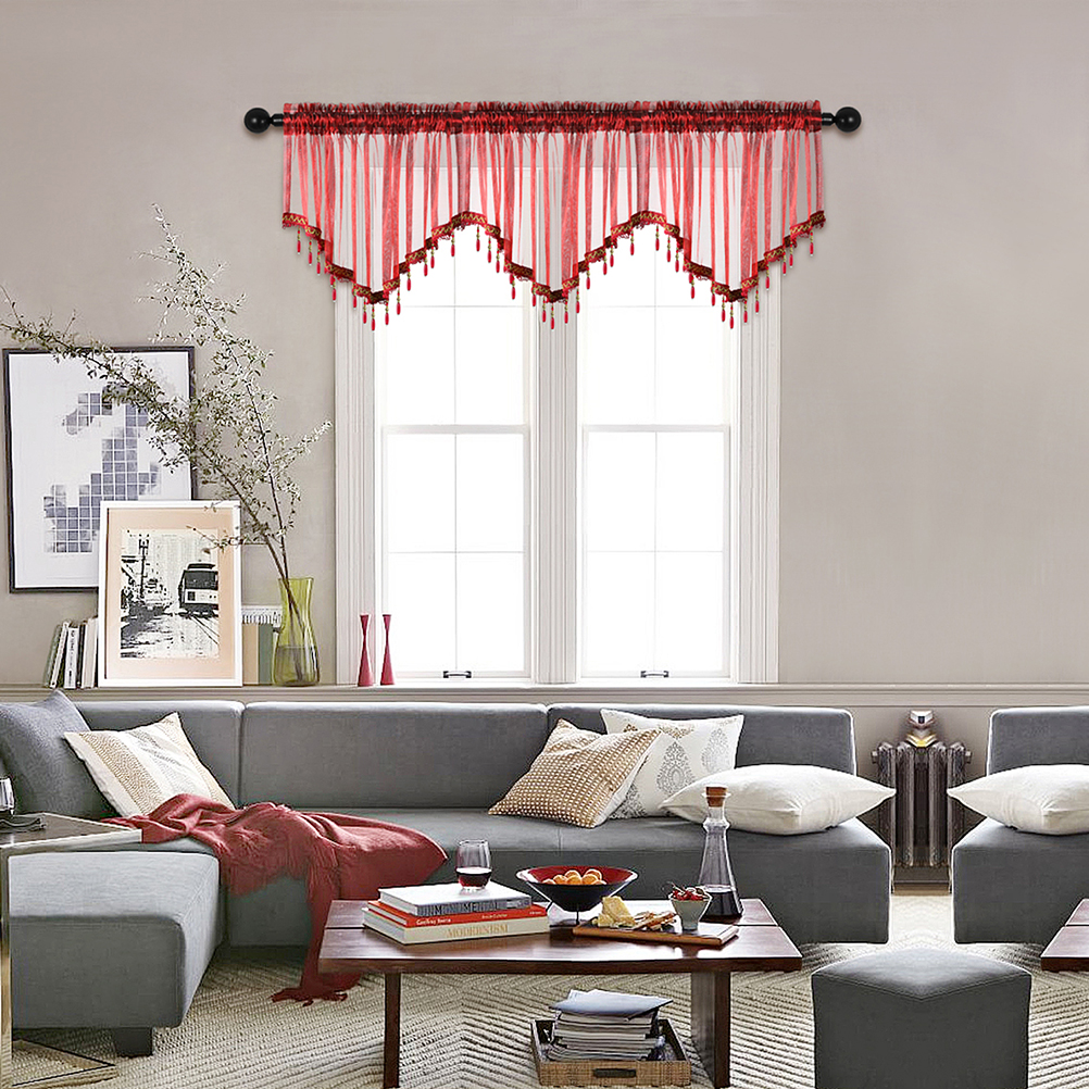 1Pc Pure Kleur Gordijn Valance Met Kralen, Staafzak, Modern Nieuw Valance Voor Woonkamer, Transparante Dunne Doorschijnende Valance