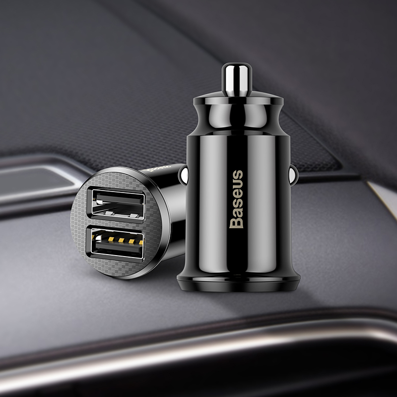 Baseus mini dual usb biloplader 5v 3.1a hurtig opladning 2 port usb-telefon autoladeradapter til mobiltelefon tablet bilopladning: Sort