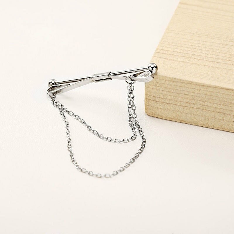 Classic Men's Shirt Collar Clip Bars Brooch Collar Pins Chain French Collar Pin Chain: sliver