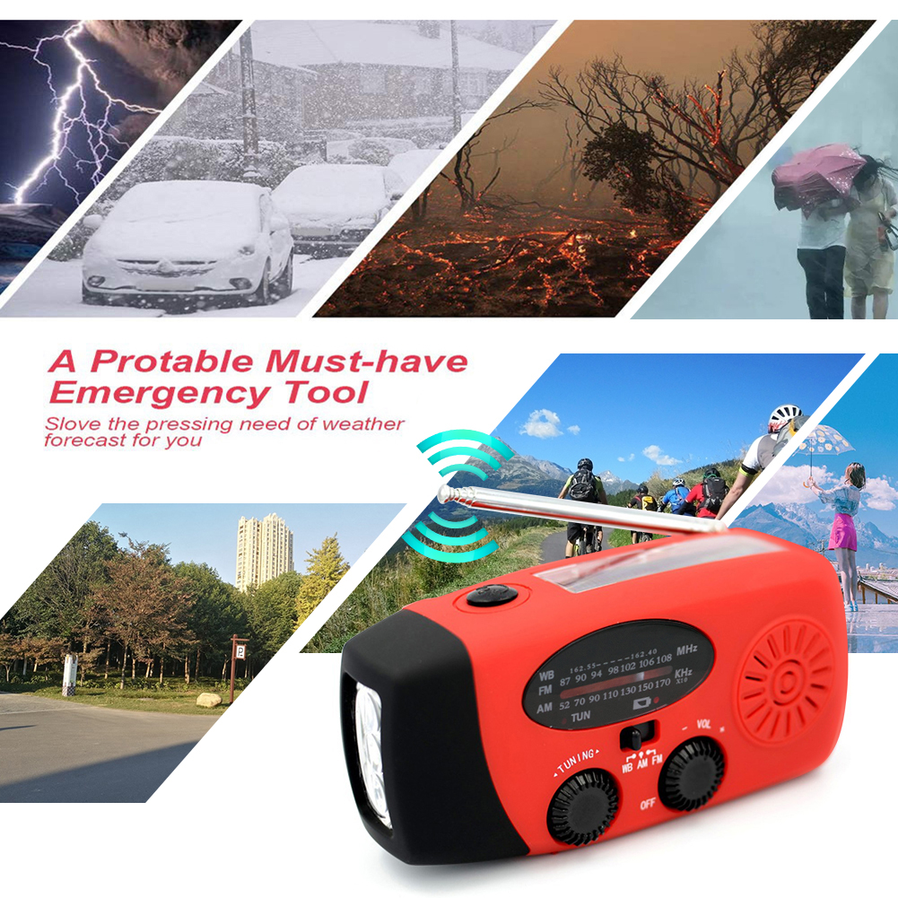 Radio portátil de mano alimentada por dinamo Solar, carga USB, FM, AM, WB, NOAA, multifuncional, meteorológica, con linterna LED, Banco de energía