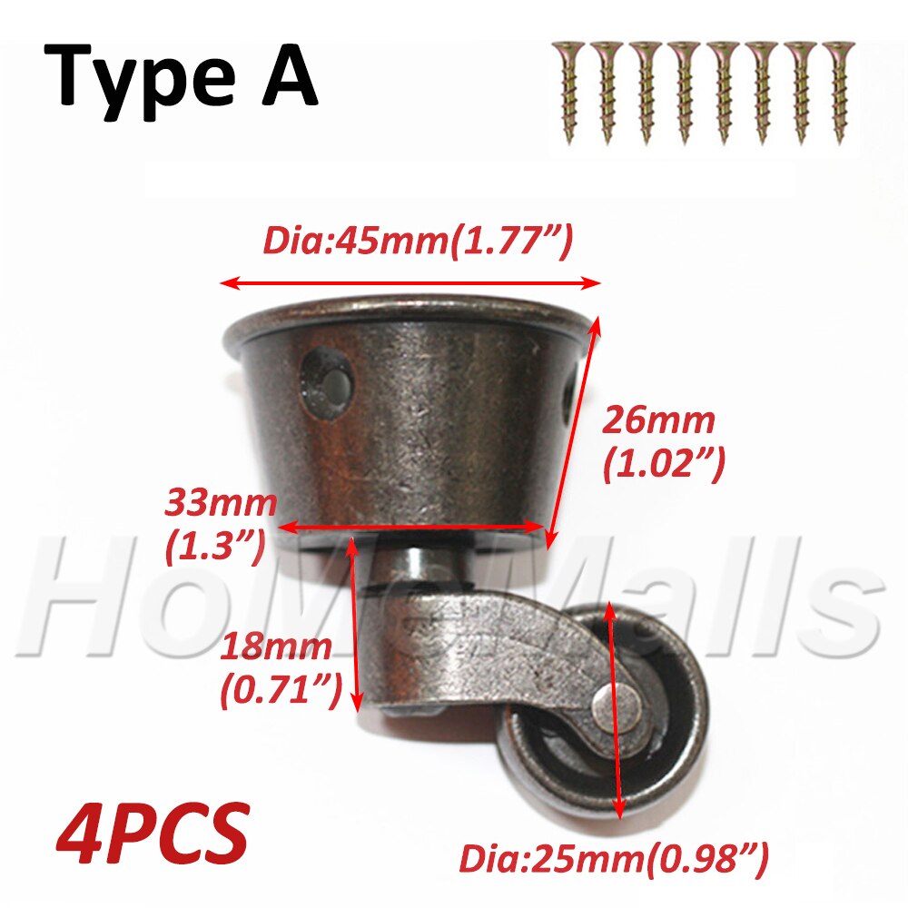 4pcs Swivel Caster Wheels Metal Casters 360 Degree No Noise Furniture Casters For Table Cabinet Zinc Alloy Furniture Hardware: Type A