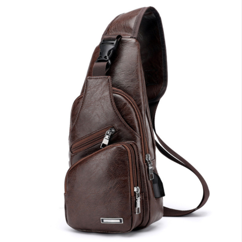 Nouveauté USB chargement poitrine sacs hommes messagers sac étanche PU cuir bandoulière sacs à bandoulière: Marron