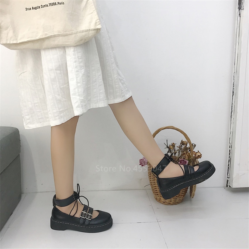 Style japonais Kawaii Lolita chaussures noir gothique filles femmes fantaisie bout rond amovible bande ceinture fond épais étudiant chaussures