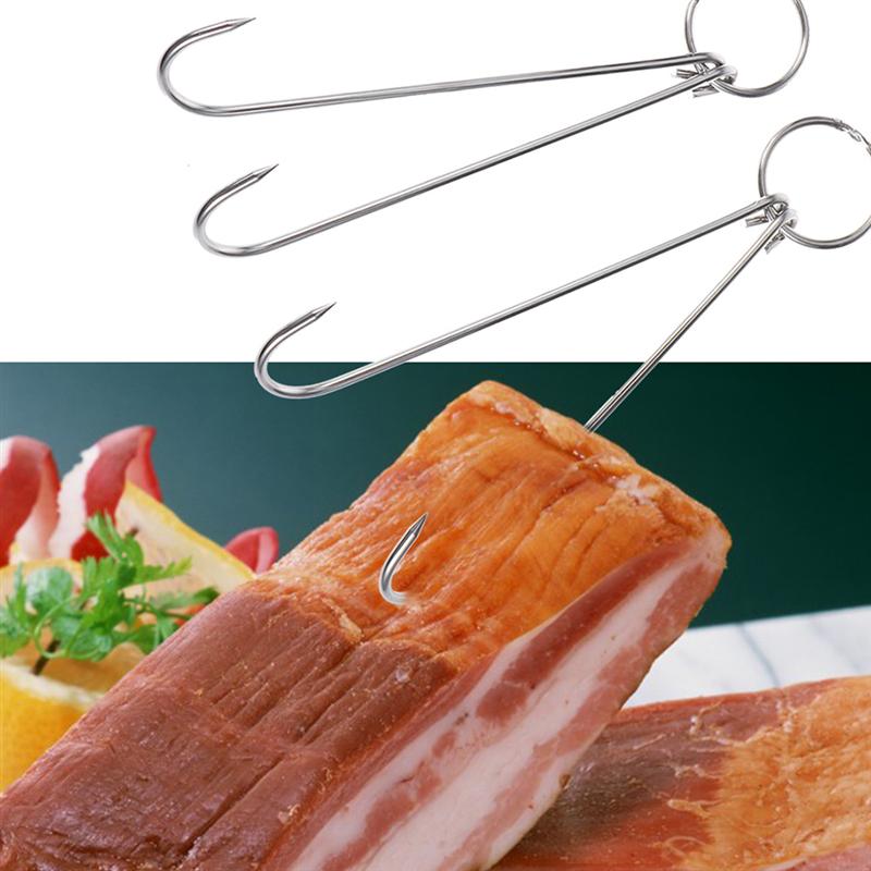 6 stk rustfrit stål dobbeltkød kroge tørring stegt andekrog bacon bøjle grill hængende rack  (3.5cm diameter 24.5cm længde)