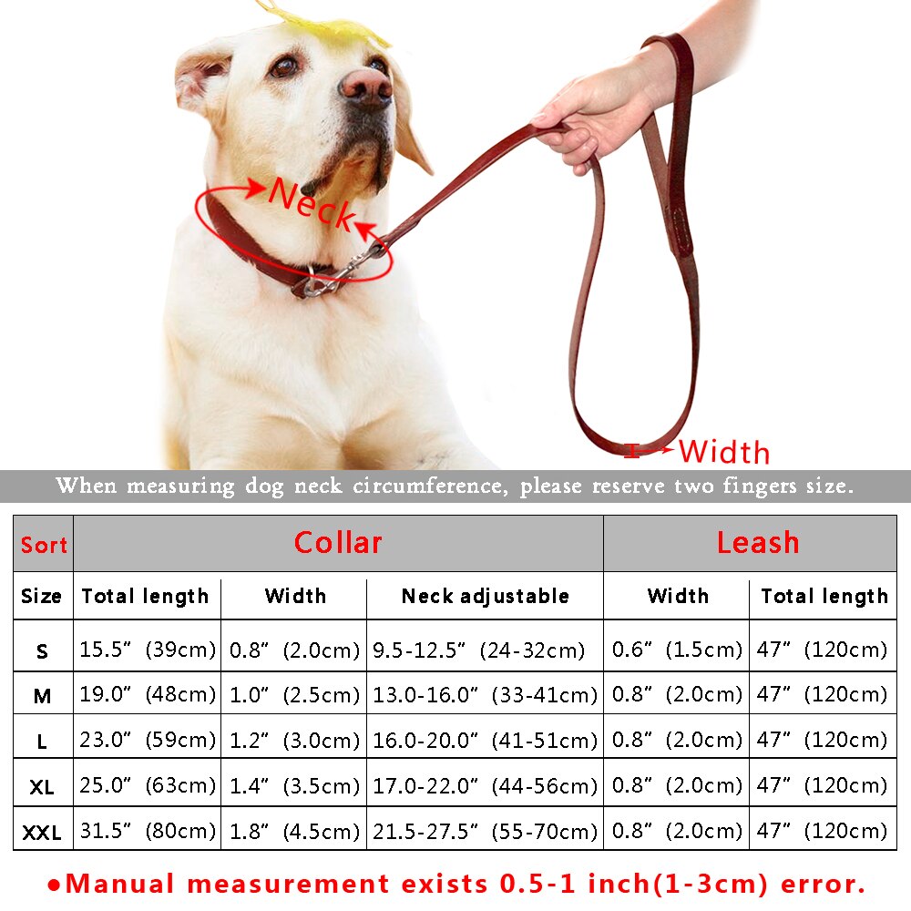 Heavy Duty Plain Leather Pet Dog Collar Leash Set Adjustable For Small Medium Large Dog Breed Pitbull Boxer Bulldog S -2XL Brown