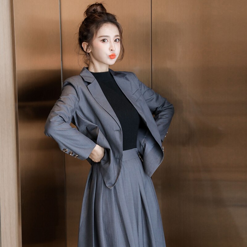 Koreanske kvinner plisséskjørt+blazer todelt dress business dame arbeidsskjørt kvinnedresser enkeltspent dress