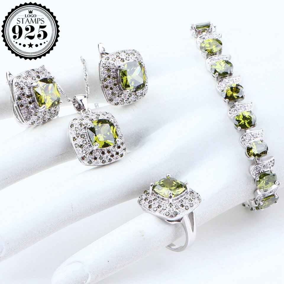 Bruiloft Cubic Zirocnia Sieraden Sets Voor Vrouwen Zilveren 925 Sieraden Kostuum Stone Oorbellen Armband Ring Ketting Hanger Set: 4PCS / 7