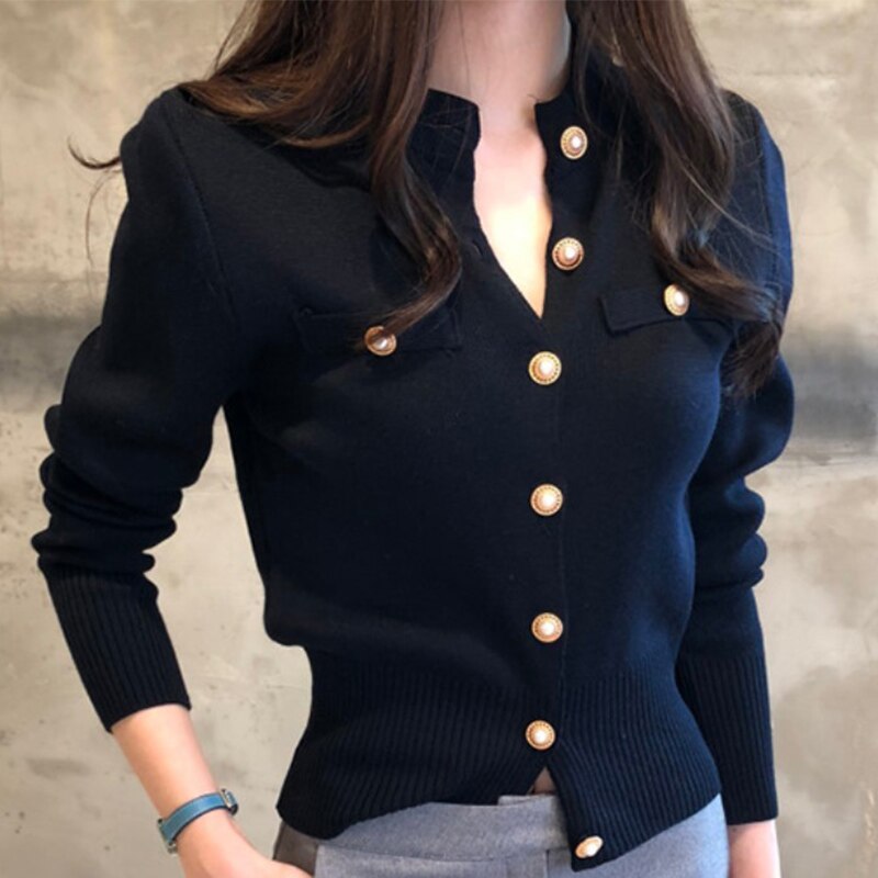 Cárdigan corto de punto para mujer suéter coreano de manga larga de un solo pecho suéteres femenino otoño primavera Cardigans mujeres: Azul marino