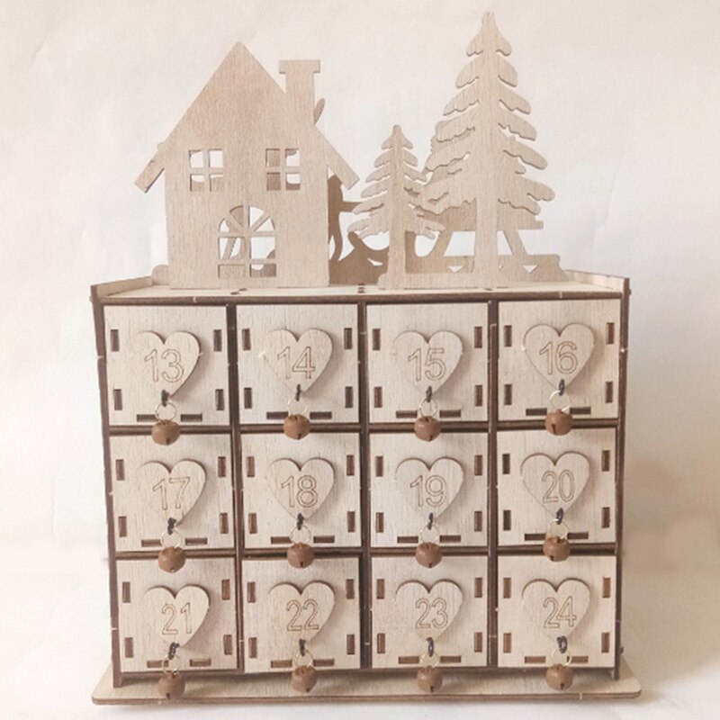 Trä jul adventskalender med 24 lådor hus inredning gör det själv bröllop ornament smyckeskrin jul nedräkningskalender