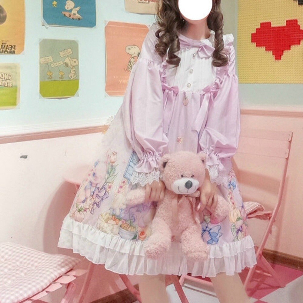 Japonés de chicas vestido Lolita OP vestido sombreros dulce Kawaii lindo vestido-Vestido largo de manga de las mujeres ropa estampada Vestidos AFC536: Pink OP