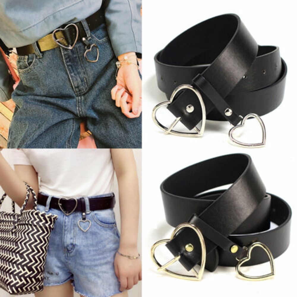Female Round Buckle Waist Belt Metal Buckle Casual PU Leather Belt Clothes Accessories for Women Heart Ring Decorative