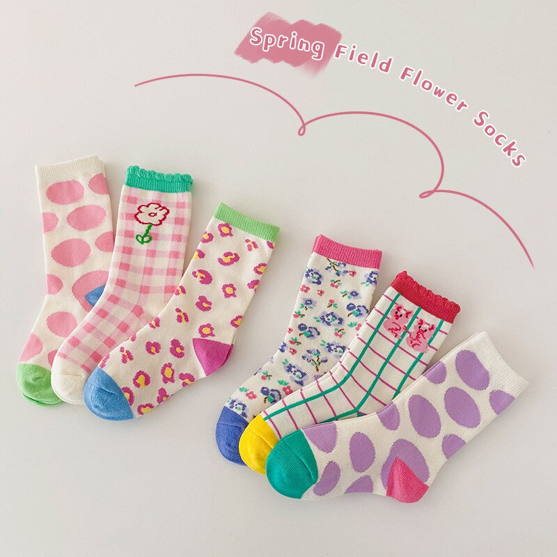 3Pairs Pack 1-8 Jaar 2022 En Najaar Plaid Tube Sokken Schattige Meisjes Bloem Sokken