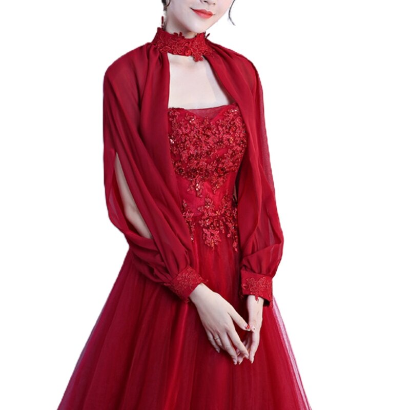 Châle à manches longues pour femmes, col licou, mousseline de soie, boléro, fente latérale: Wine Red