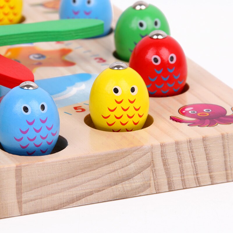 Colorful Baby toy Learning Education Wooden Clock Toy Cartoon Penguin Mermaid Fishing Game Clock Number Time Funny Gadgets Toys