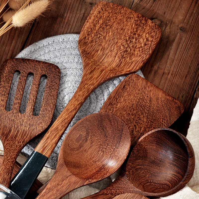 2022 Wooden Long-handled Spatula Wood Dark Green Handle Cooking Kitchenware Non-stick Soup Rice Spoon