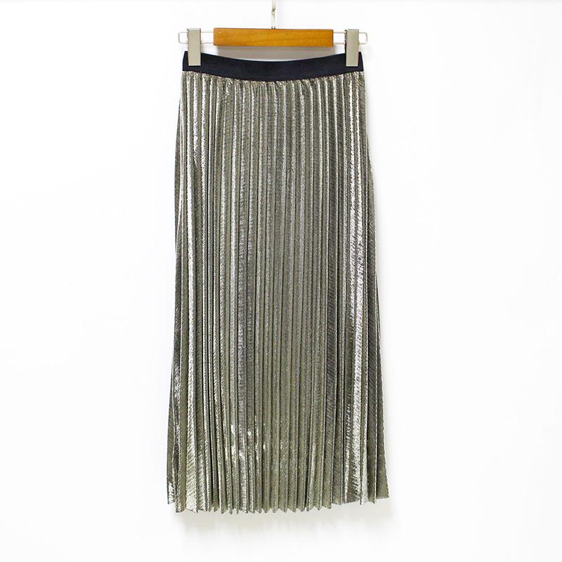 Filles plissé métal brillant argent jupe femmes décontracté Vintage mi-long a-ligne métallique daim jupes femme automne/hiver jupes: Or