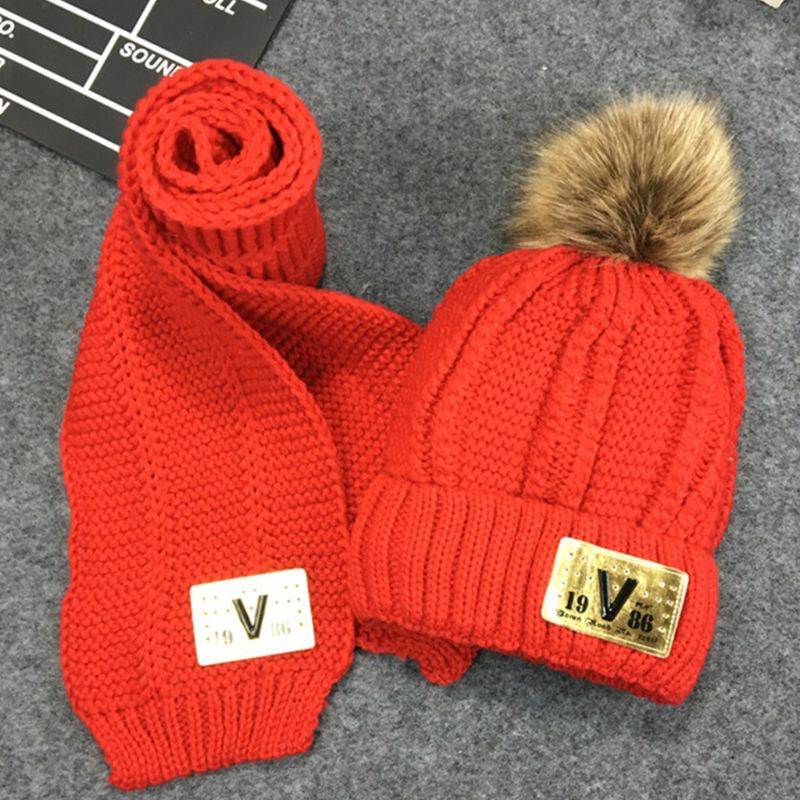 Småbørn børn vinter chunky hæklet pompon varm foring beanie hat langt tørklæde sæt