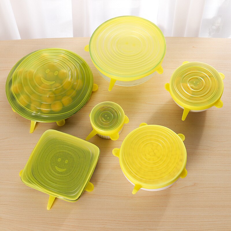 Tapas elásticas de silicona reutilizables para envolver alimentos, cubiertas herméticas para mantener el bol sellado fresco, utensilios de cocina: 6pcs yellow