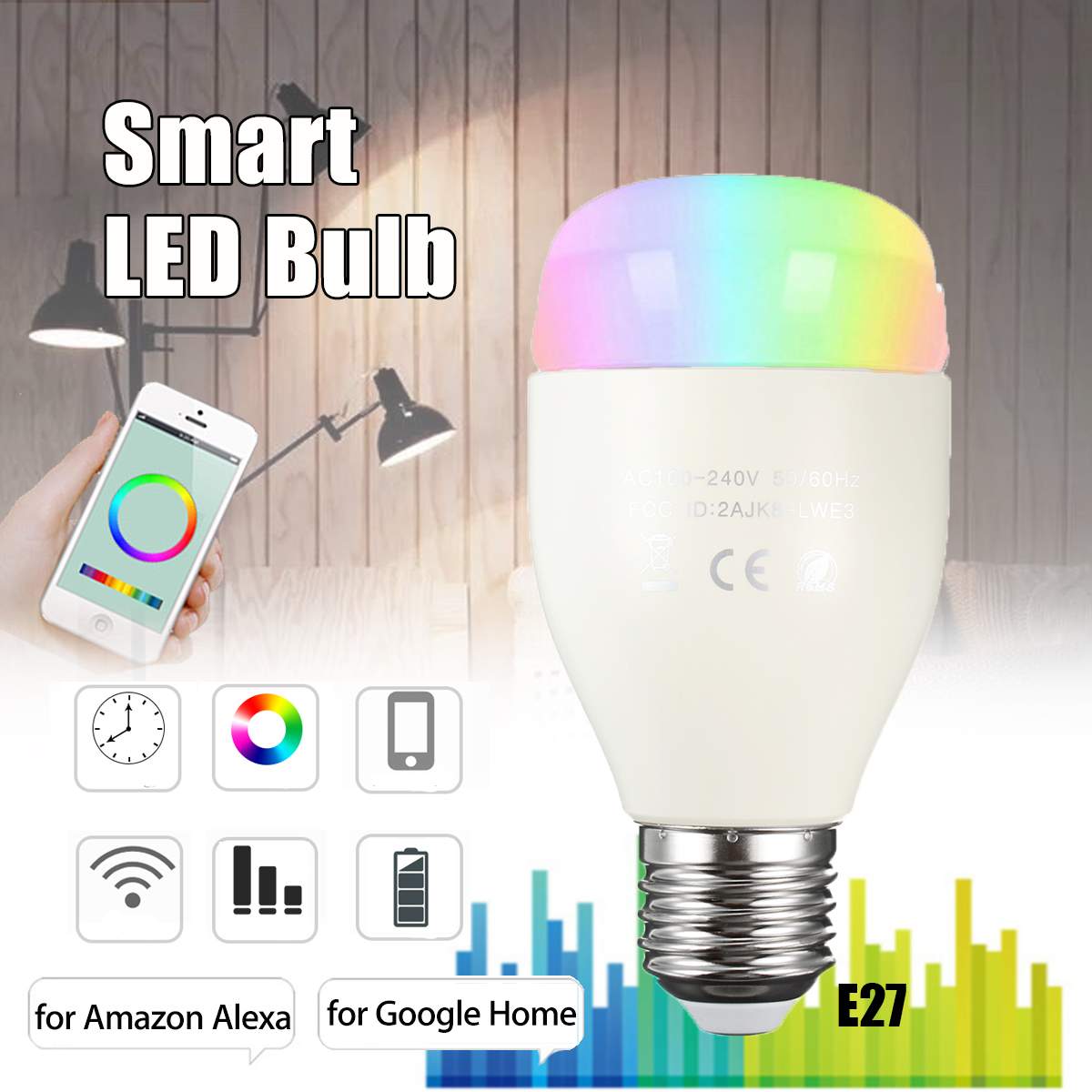 LED Smart Bulb 6W E22 AC 100-240V RGB Color Lights Emergency Smart Bulb WIFI APP Control For Alexa and Google Home