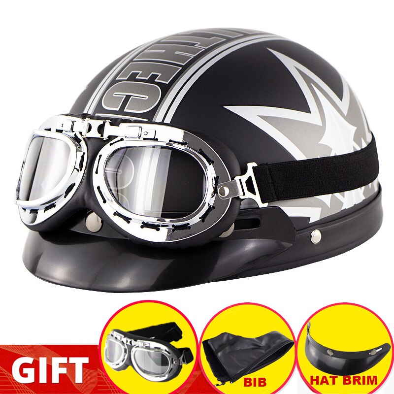 Retro Motorcycle Half Helmet Riding Vintage Cruiser Touring Half Helmets Moto Bicycle Scooter Skating Baseball Cap with Goggles: Black white gray
