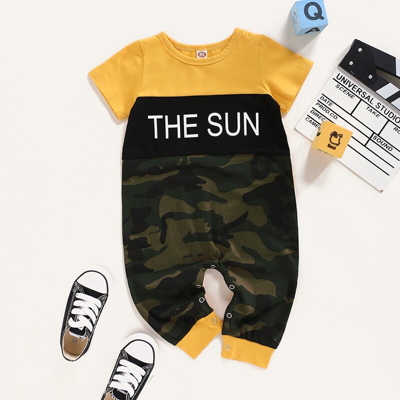 Toddler Boy/Girl Outfits Baby Boy Jumpsuit Yellow Letter Green Camouflage Print Short Sleeve Clothes Summer Clearance Jumpsuit: 86(12-18M)